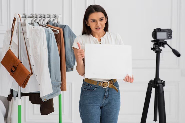 Frau nimmt Video zuhause auf – Remote-Produktion